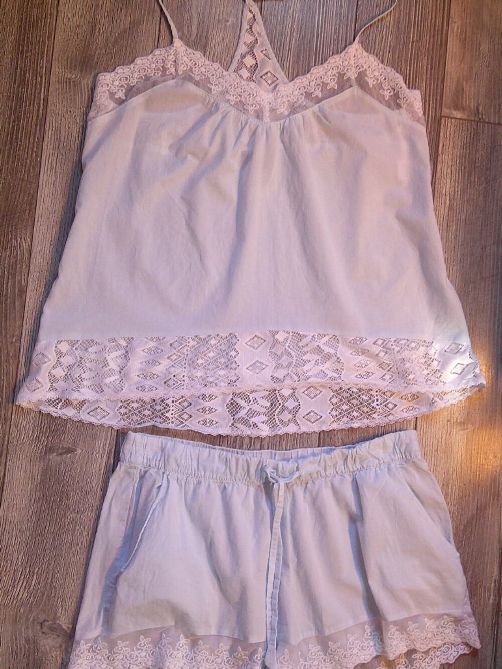 "In Bloom" Intimates Cotton Cami-Short Pajama Soft Sky/Exquisite Lace Woman Sz M